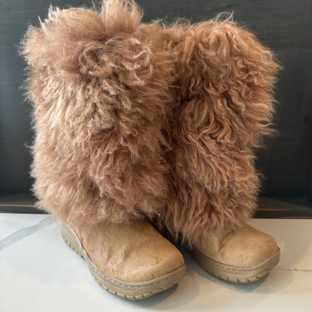 Bearpaw Boetis Real Fur Boots Curly Lamb Calf Wool Sheep Tan Brown Wm 7 Boho Y2K